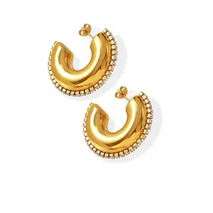Retro Klobige C-Reifenohrringe Titanstahl Vergoldet Zirkonia Pflastern Minimalistischer Modeschmuck Für Frauen Elegant