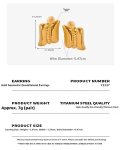 Detailed view of gold plated geometric square earrings with dimensions and specifications