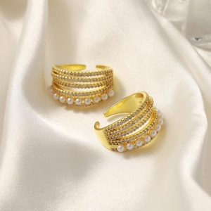 Multi-layer gold-plated open ring with faux pearls and sparkling cubic zirconia stones