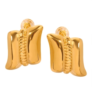 Elegant gold plated geometric earrings with textured bead pattern on white background