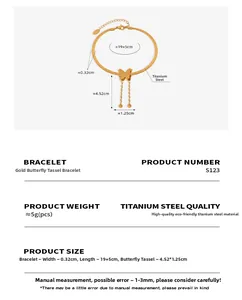 Detailed size specifications for a gold butterfly tassel anklet in titanium steel