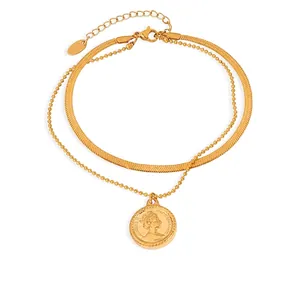 Bracelet De Cheville Double Couche Plaqué Or 18K Acier Titane Pendentif Pièce Portrait Rétro Élégant Bijoux Pour Femmes