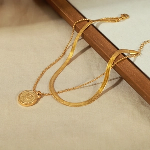 Bracelet de cheville double couche plaqué or 18K avec chaîne serpent et pendentif