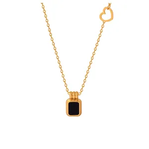 Gold Plated Stainless Steel Necklace With Black Acrylic Pendant And Hollow Heart Charm For Women Vintage Clavicle Chain