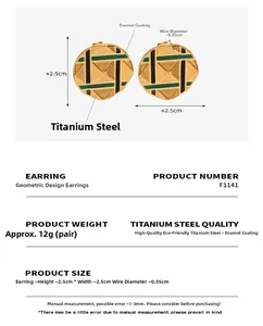 Detail showing dimensions and material of green enamel gold titanium steel earrings