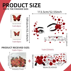 Floral eye wall decal with red roses and 3D gold-stamped butterflies sized 113x109cm