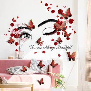 Wall stickers featuring red roses, elegant eyes, and 3D gold-red butterflies decoration