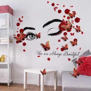 Minimalist red rose eye wall decal with 3D metallic red butterflies and quote sticker