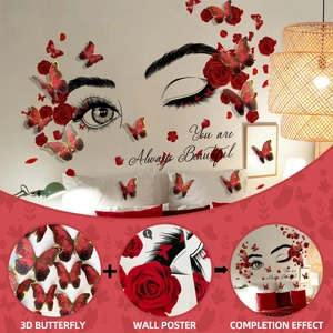 3D red butterfly and rose wall sticker with You are Always Beautiful quote decor