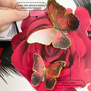 Detailed view of 3D laser holographic red rose butterfly wall stickers with adhesive