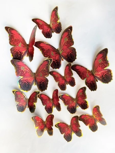 Set of 12 red 3D butterfly wall stickers with black rose pattern and gold laser edges