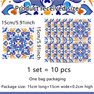 Detailed view of 15x15cm mandala art tile stickers with dimensions and set size