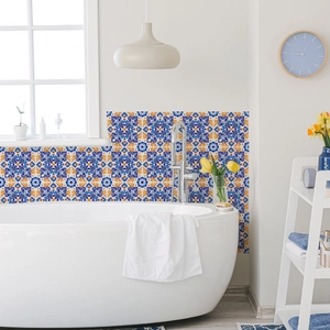 Close-up of waterproof Moroccan geometric tile stickers installed on a bathroom wall