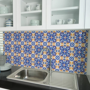 Retro Mediterranean tile stickers with blue and orange geometric patterns for kitchen decor