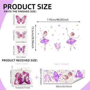 Ballerina wall sticker set with 3D double-layer butterflies, size 119x73.5cm purple decor