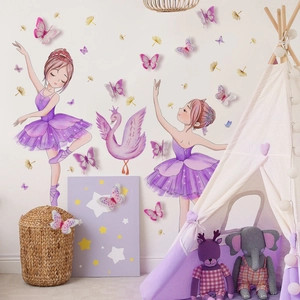 Cartoon Ballet Dancing Girls Wall Stickers Purple PVC Butterfly Swan Crown Decals Removable For Kids Room Nursery