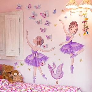 Ballerina wall decals with 3D purple butterflies and swan for girls' room decoration