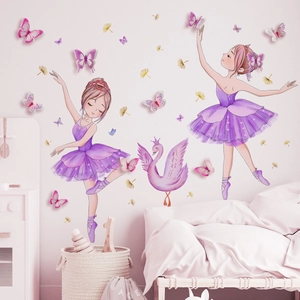 Ballet girl wall decals with 3D butterflies and floral elements for kids' room