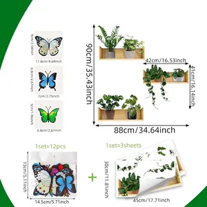 3D potted plants wall decal set with 12 colorful butterflies size 90x88cm dimensions