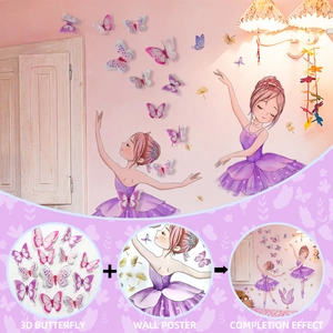 Detail of 3D purple butterflies and ballet girl wall stickers for home decoration