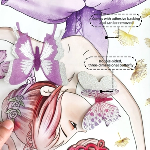 Close-up of 3D layered pink butterfly wall stickers with glitter and adhesive backing