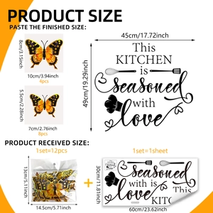 Kitchen wall decal with gold butterfly 3D stickers and love phrase seasoned with love