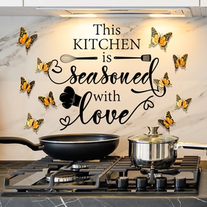 Black kitchen wall decal with This Kitchen is Seasoned with Love text and 3D butterflies