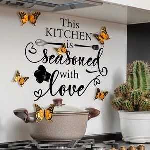Kitchen wall stickers with black quotes and 12 pieces of 3D gold butterfly decorations