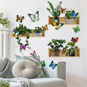 Detailed view of 3D colorful butterfly wall stickers with foldable wings in a cozy living room