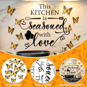 Kitchen wall stickers with love phrase and 3D yellow butterflies on marble background