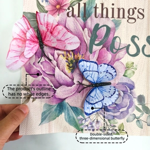 Dettaglio di farfalle 3D colorate con ali realistiche e adesivi murali con fiori