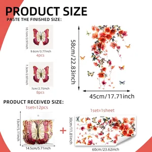 Size guide for 3D gold butterfly and red floral vine wall sticker set decoration