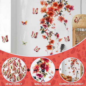 Detailed view of 3D gold-stamped butterfly wall decals with floral vine stickers
