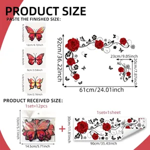 Red rose vine wall decals with 12 pieces 3D red butterflies sticker size guide