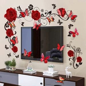 3D Butterfly Wall Stickers And Red Rose Floral Vine PVC Decals Removable Art Mural For Home Living Room Bedroom Decoration