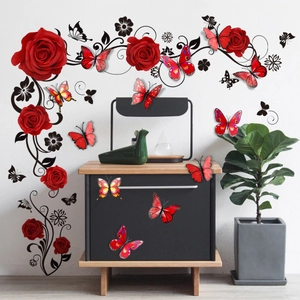 3D red butterfly wall stickers with rose flower vines for home living room wall decor