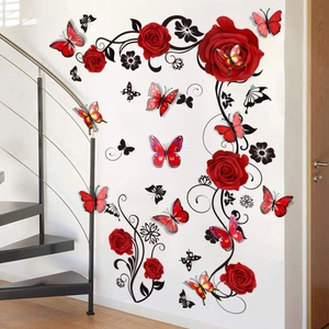 Red roses wall decal with 3D butterflies and black vine accents on white stairs wall