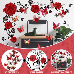 Detailed view of 3D red butterfly stickers and floral vine wall decals set on wall