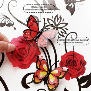 Detail of 3D double-layer red butterfly wall stickers with adhesive on floral background