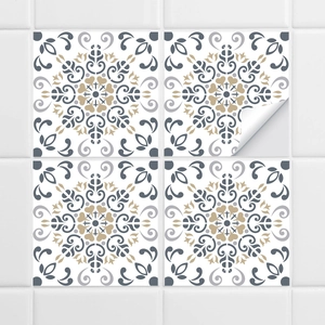 Detail of vintage grey mandala tile stickers showing adhesive back and waterproof texture
