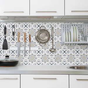Retro grey and gold mandala tile stickers for kitchen backsplash decoration