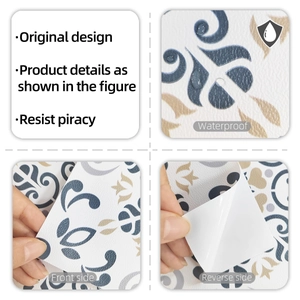 Detail of waterproof vintage tile sticker with textured surface and self-adhesive backing