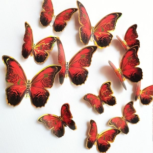 3D Wandaufkleber Rote Schmetterlinge mit Goldrand und Rosenmuster für Wanddekoration, 12er Set