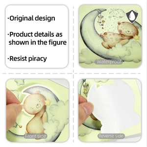 Waterproof wall stickers showing front and reverse textures of a sleeping bear on the moon