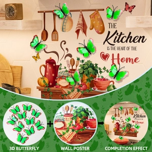 3D green butterfly stickers paired with kitchen theme wall poster for home decoration