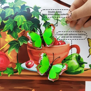 Detail showing 3D glowing green butterflies with double-layered wings on kitchen wall