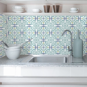 Pegatinas de Pared Azulejos PVC Mediterráneo Vintage Impermeable Resistente Aceite Autoadhesivo Decoración Cocina Baño Calcomanías Pared