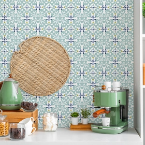 Pegatinas retro para azulejos con patrones florales azules y verdes para la cocina