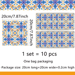 Detailed size chart for 10-piece Mediterranean blue floral tile stickers 20x20cm
