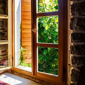 Artistic green leaf static window film with double-sided printing for privacy and decor